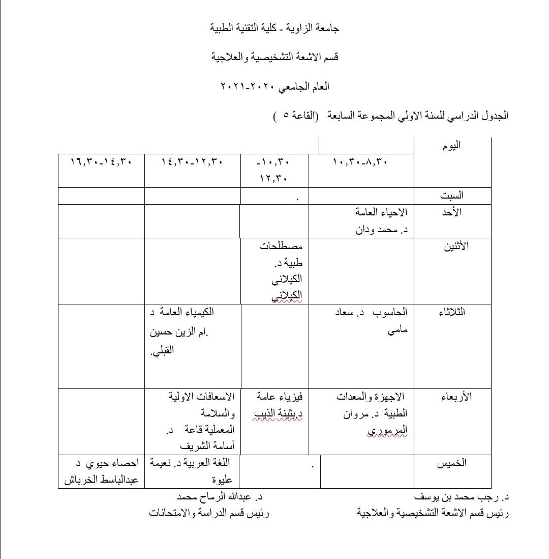 الجدول الدراسي للسنة الأولى للعام الجامعي 2021/2020م